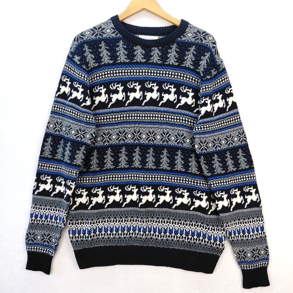 Aspen Fair Isle Nordic Snowflake Deer Holiday Christmas Sweater Men Large Cotton